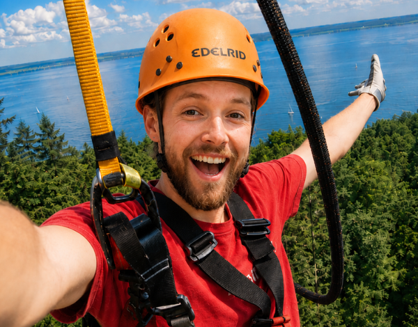 Erlebnisguide weist G�ste f�r den Zugang zum Klettersteig ein