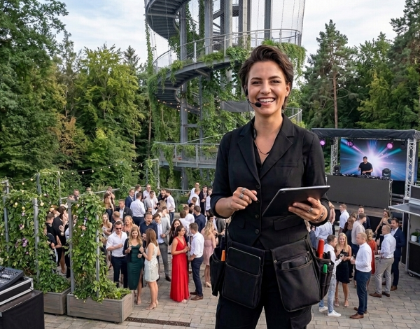 Eventmanagerin vor bepflanztem Turm und einer Veranstaltungsgesellschaft mit DJ