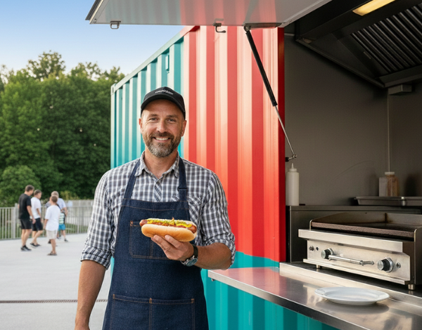 Gastronomieleitung steht vor Imbiss-Container und zeigt ein Hot Dog