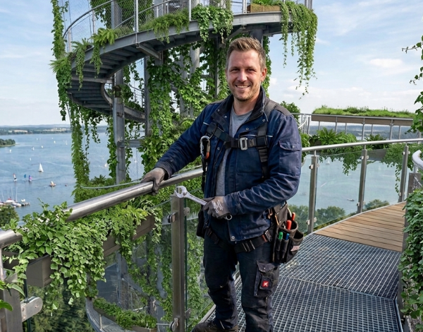Hausmeister steht auf dem Turm mit Schraubenschlüssel und hat eine super Aussicht