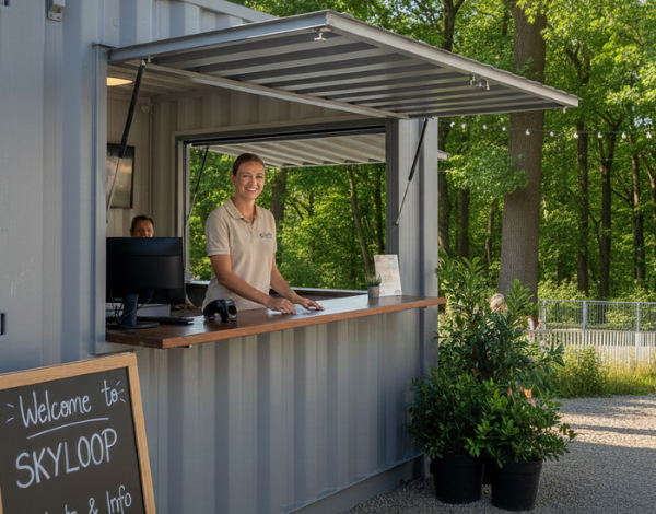 Freudig strahlende Kassenkraft im Empfangscontainer