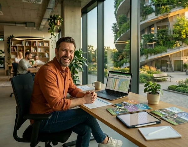 Ein Kaufmann für Tourismus sitzt im Büro und freut sich über seinen Job.