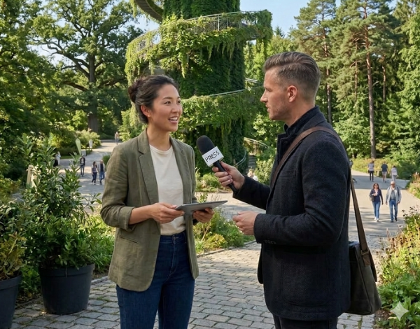 Turmbotschafterin spricht vor bepflanztem Turm mit einem Pressevertreter