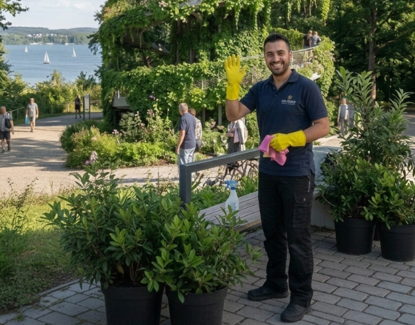 Putzkraft steht vor dem Turm und winkt in die Kamera