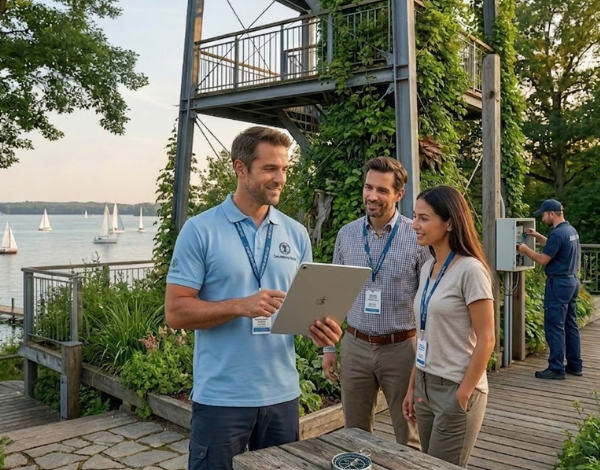 Ein Mann steht mit einem Tablet vor dem Turm und verkauft seinen Kunden ein Event